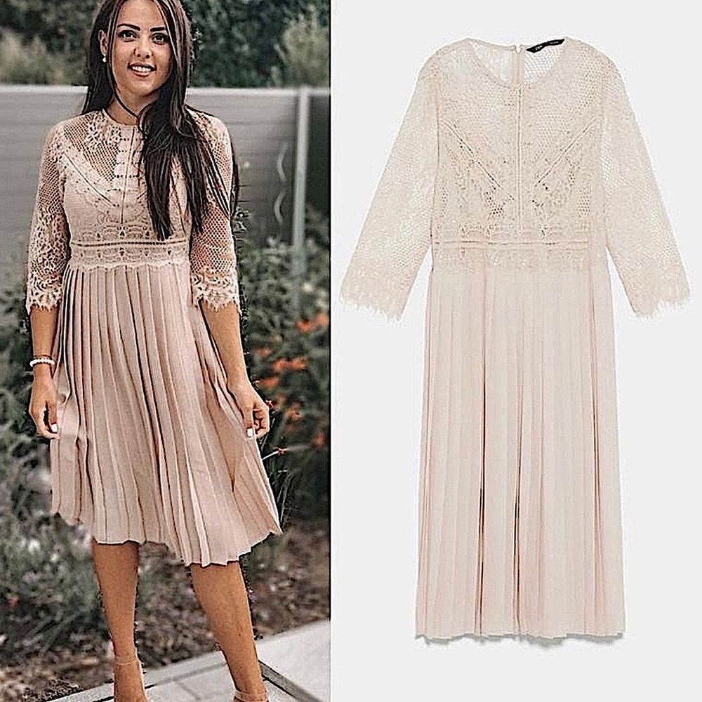 ZARA Dress Lace Top Pleated Blush Midi Dress • BLOGGER FAVORITE • TIKTOK • NEW • - Picture 4 of 16